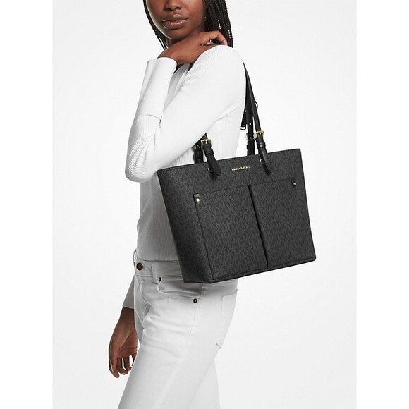 New Michael Kors Jet Set Travel Medium Double Pocket Logo Tote Black - Picture 2 of 5